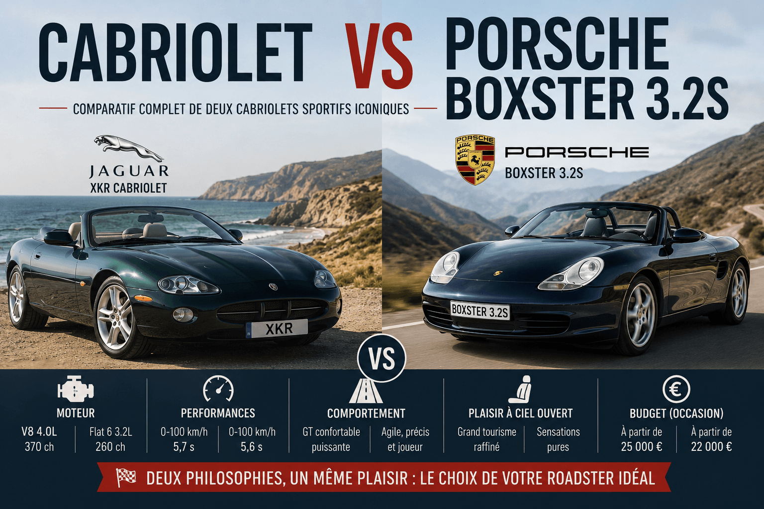 Jaguar XKR Cabriolet vs Porsche Boxster 3.2S : comparatif complet de deux cabriolets sportifs iconiques